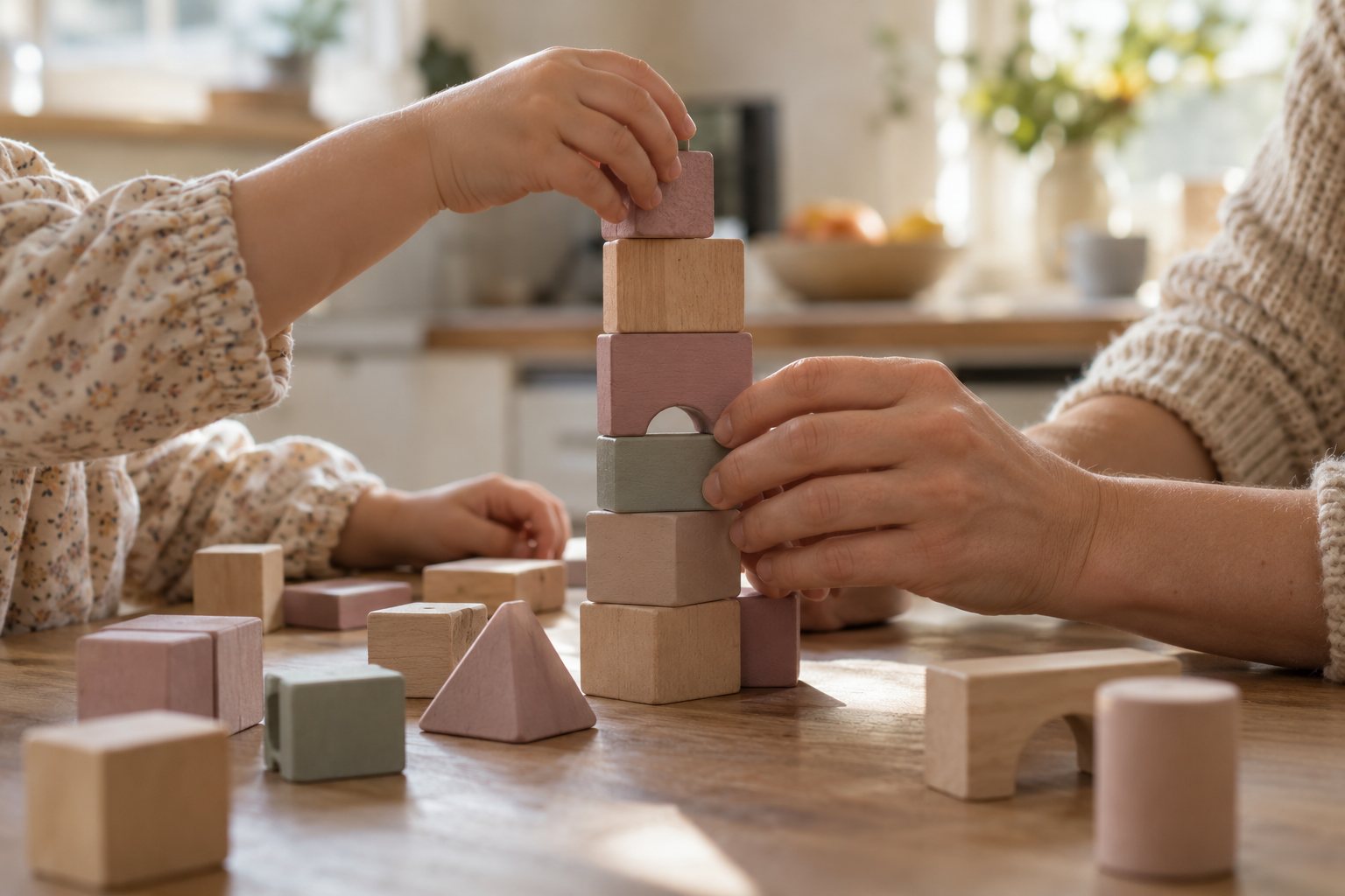 A child and a parent building a tower of wooden blocks