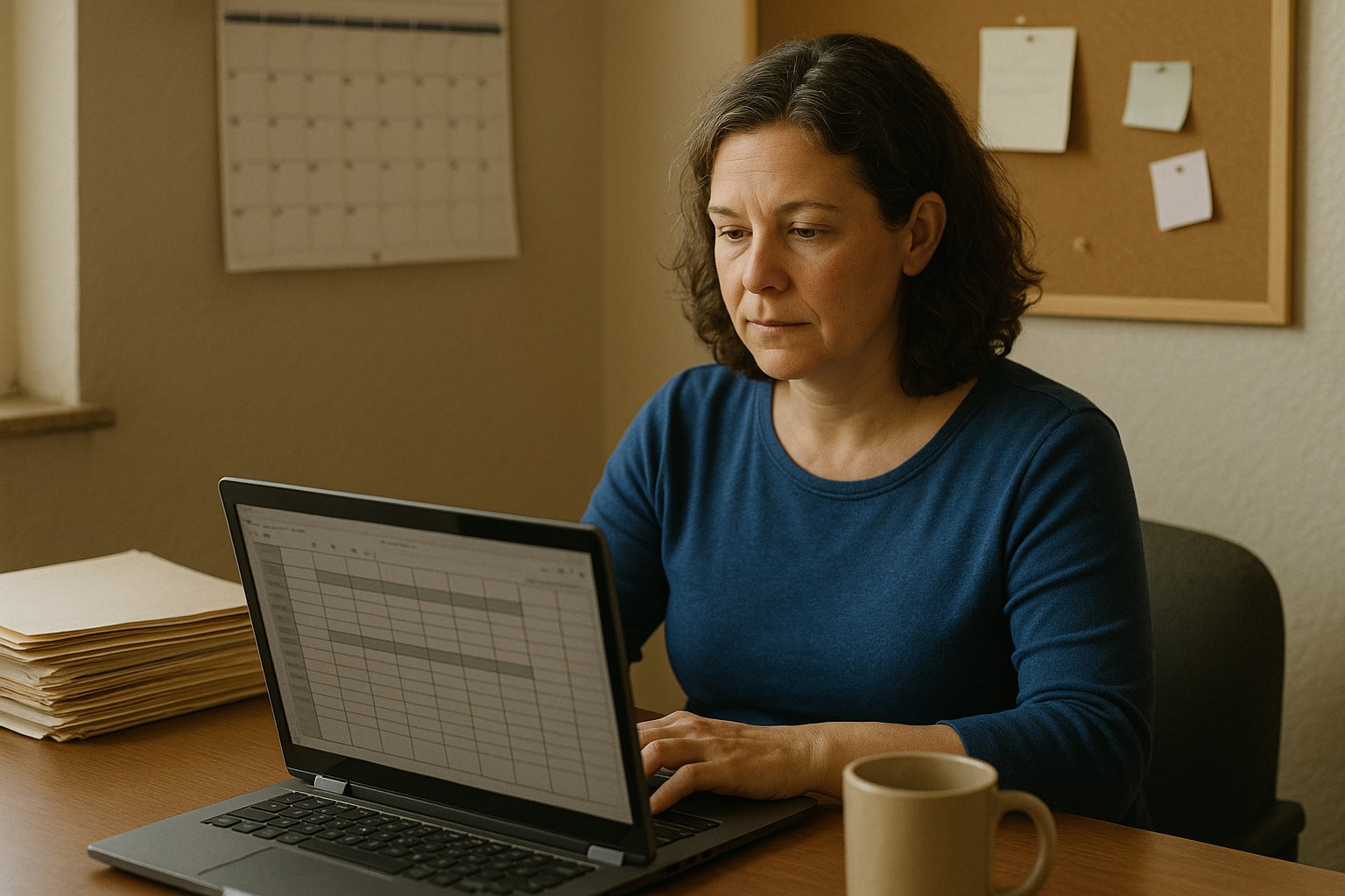 A clinic owner at her desk in a small ABA agency office, a wall calendar behind her, reading on a laptop