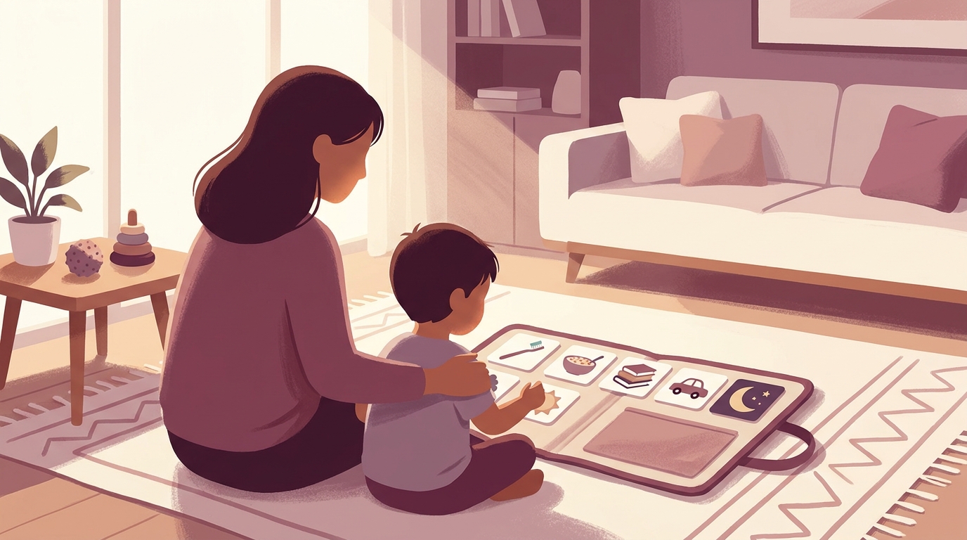 Illustration (AI-generated, not a photograph): an adult and a young child sit together on a rug, looking at a visual schedule strip laid on the floor. The strip shows five picture cards in order - a toothbrush, a bowl of cereal, books, a toy car, and a moon for bedtime.